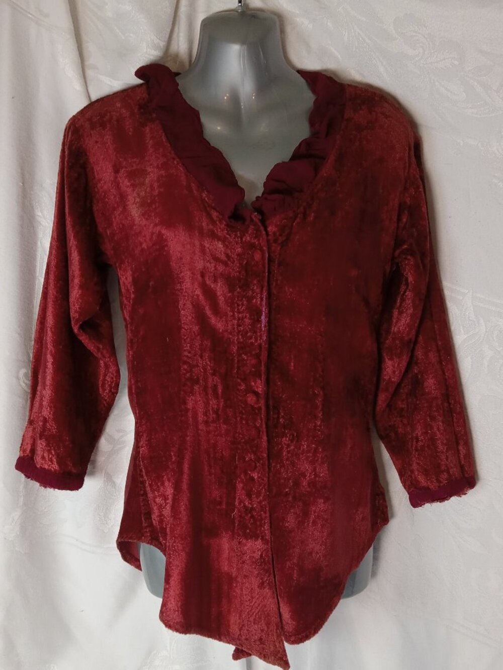Ultra Pink Y2K Red Velvet Ruffle Shirt Top Witchy Fairy Whimsigoth Boho Size S